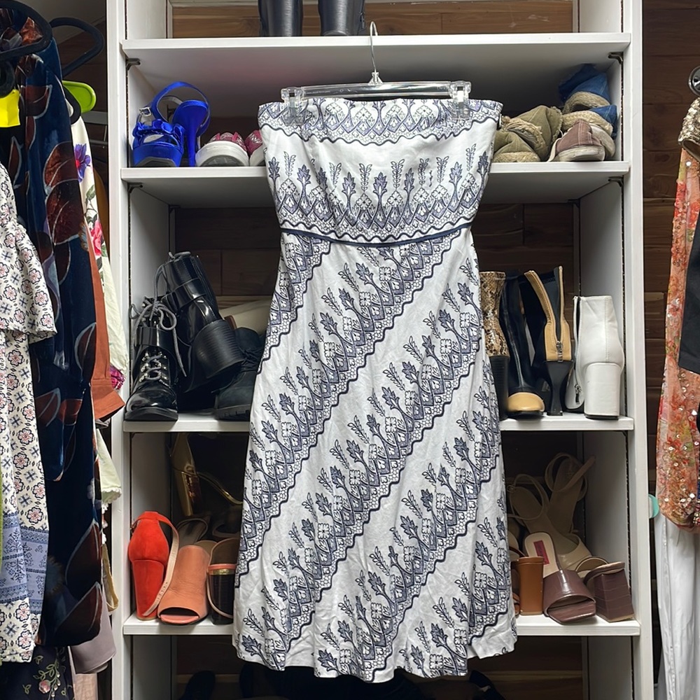 Ann Taylor LOFT Strapless Blue and White Dress